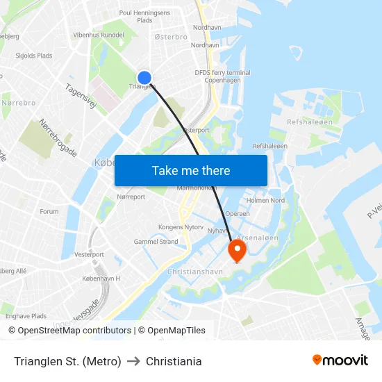 Trianglen St. (Metro) to Christiania map