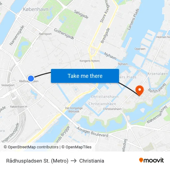 Rådhuspladsen St. (Metro) to Christiania map