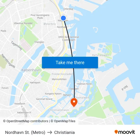 Nordhavn St. (Metro) to Christiania map