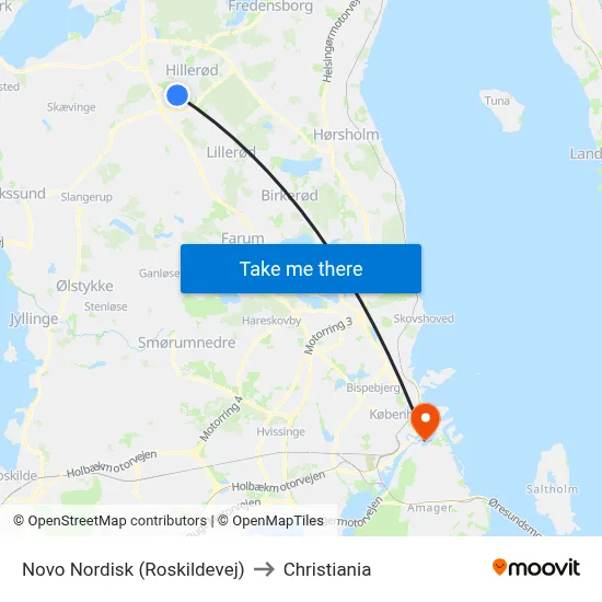 Novo Nordisk (Roskildevej) to Christiania map