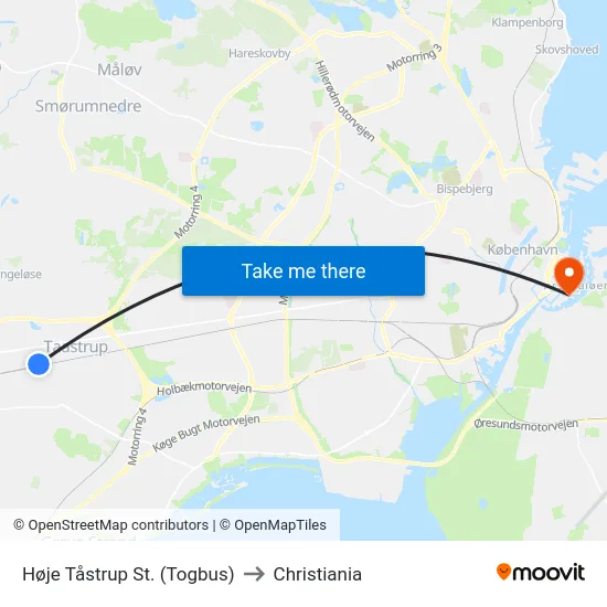 Høje Tåstrup St. (Togbus) to Christiania map
