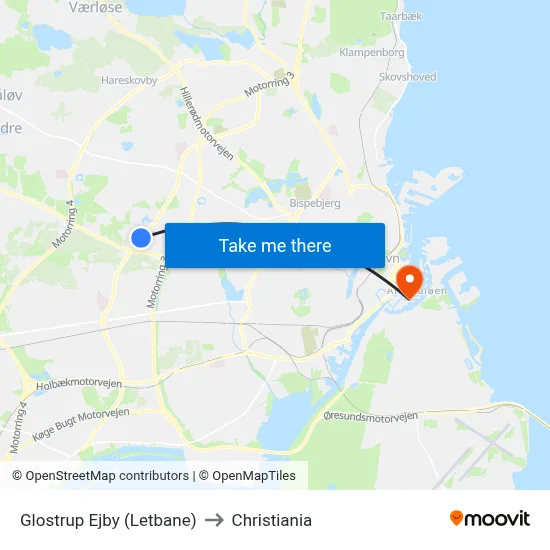 Glostrup Ejby (Letbane) to Christiania map