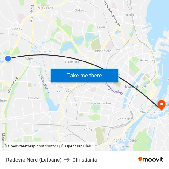 Rødovre Nord (Letbane) to Christiania map