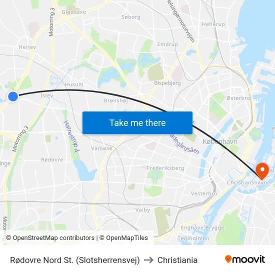 Rødovre Nord St. (Slotsherrensvej) to Christiania map