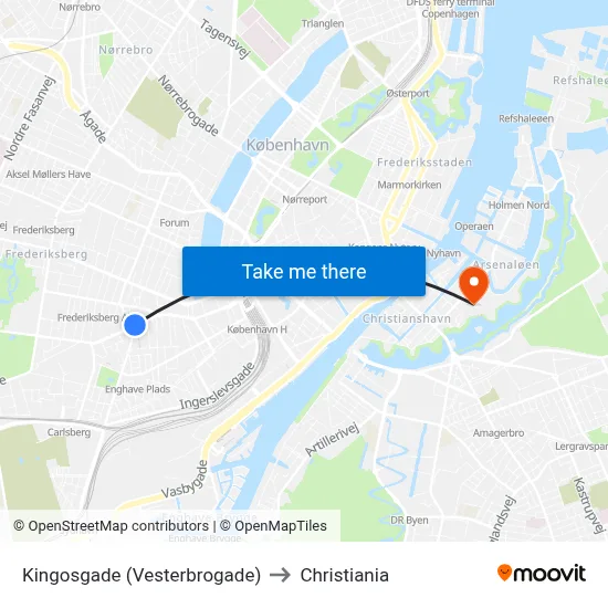 Kingosgade (Vesterbrogade) to Christiania map