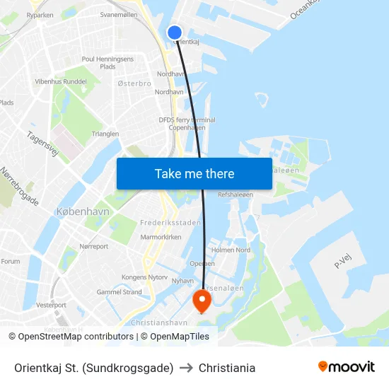 Orientkaj St. (Sundkrogsgade) to Christiania map