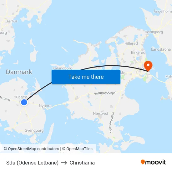 Sdu (Odense Letbane) to Christiania map