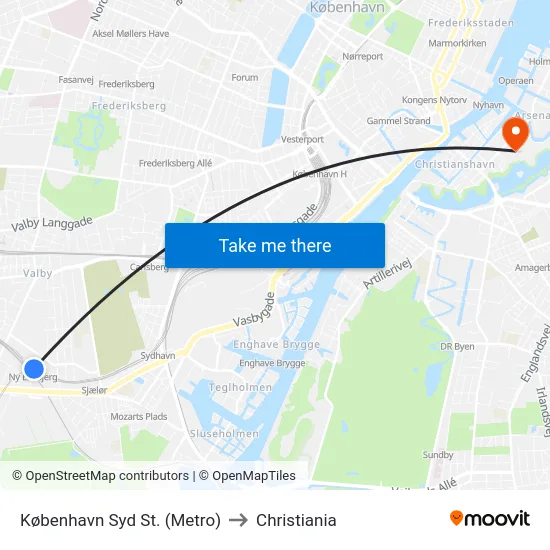 København Syd St. (Metro) to Christiania map