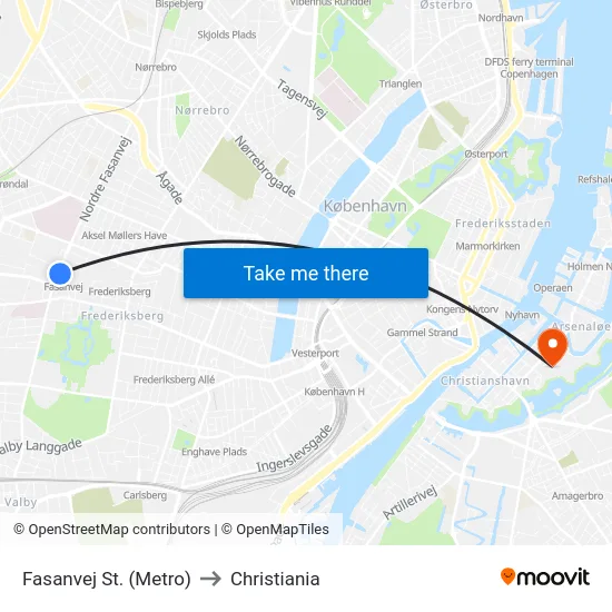 Fasanvej St. (Metro) to Christiania map