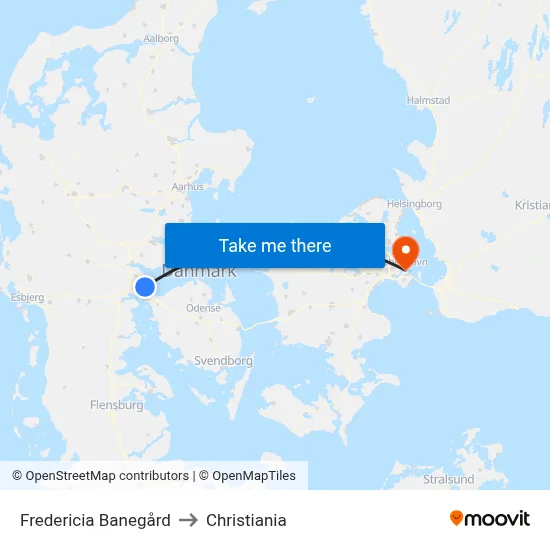 Fredericia Banegård to Christiania map