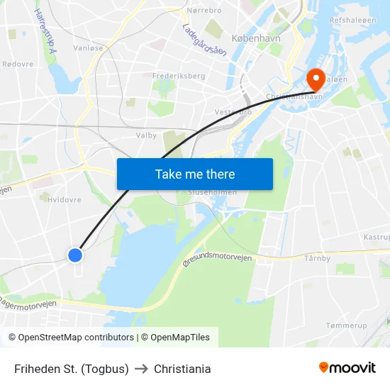 Friheden St. (Togbus) to Christiania map