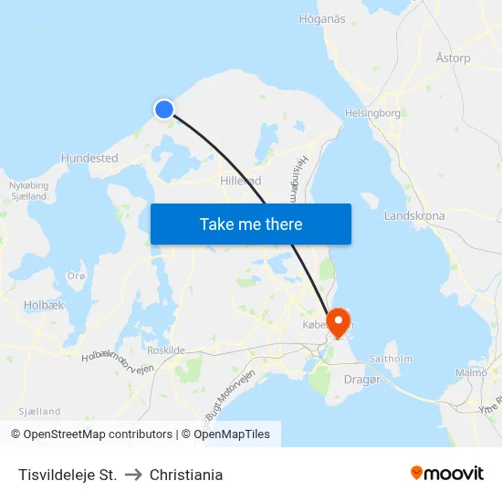 Tisvildeleje St. to Christiania map