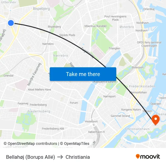 Bellahøj (Borups Allé) to Christiania map