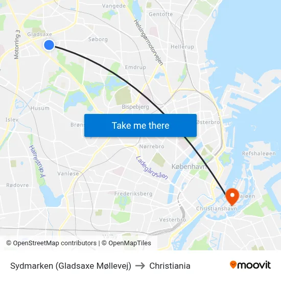 Sydmarken (Gladsaxe Møllevej) to Christiania map
