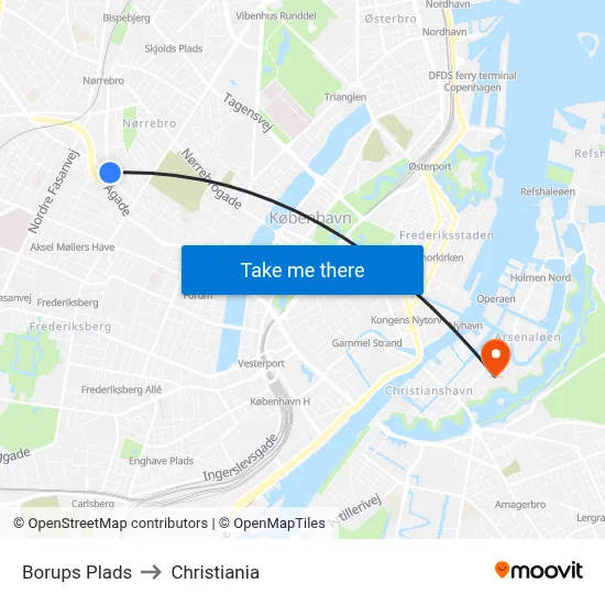 Borups Plads to Christiania map