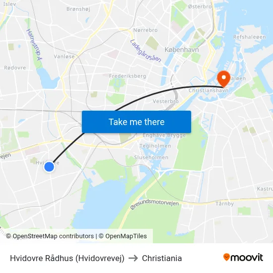 Hvidovre Rådhus (Hvidovrevej) to Christiania map