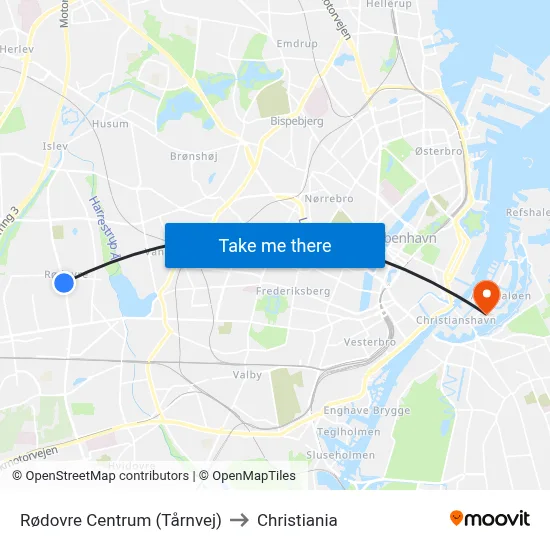 Rødovre Centrum (Tårnvej) to Christiania map
