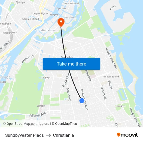 Sundbyvester Plads to Christiania map