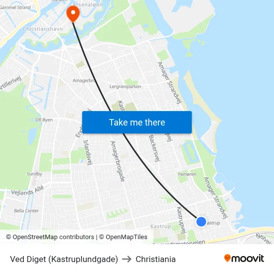 Ved Diget (Kastruplundgade) to Christiania map