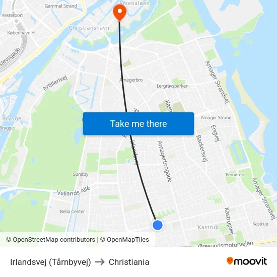 Irlandsvej (Tårnbyvej) to Christiania map