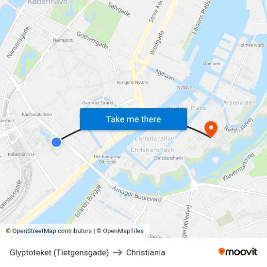 Glyptoteket (Tietgensgade) to Christiania map