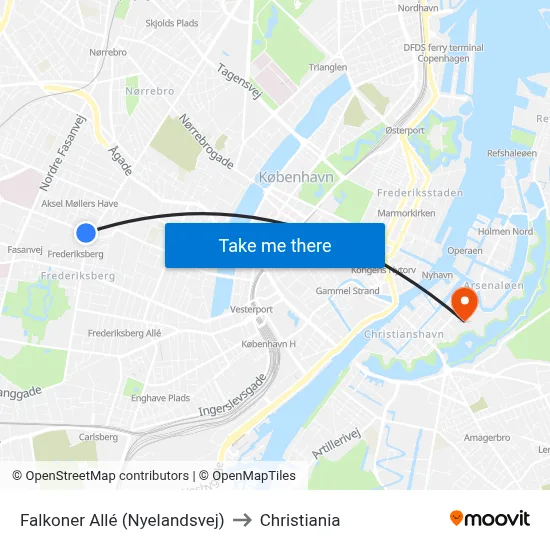 Falkoner Allé (Nyelandsvej) to Christiania map