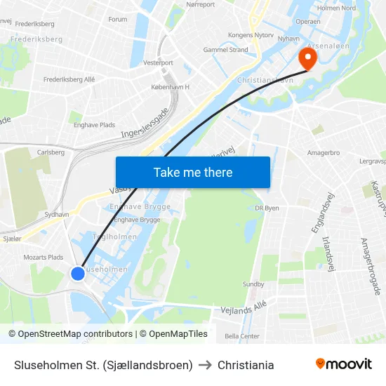 Sluseholmen St. (Sjællandsbroen) to Christiania map