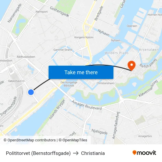 Polititorvet (Bernstorffsgade) to Christiania map