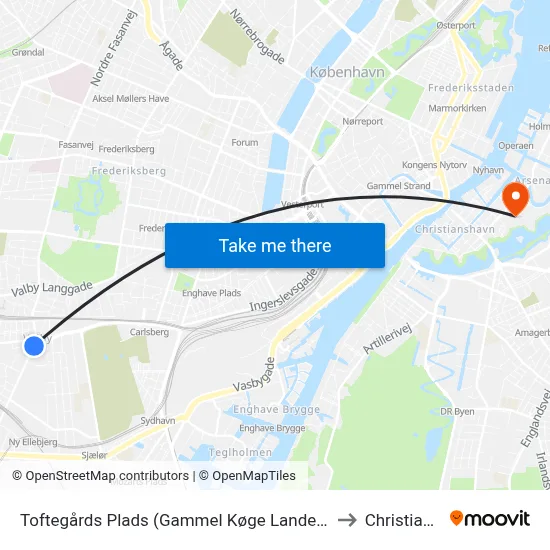 Toftegårds Plads (Gammel Køge Landevej) to Christiania map