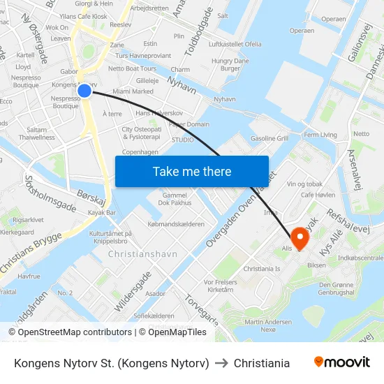 Kongens Nytorv St. (Kongens Nytorv) to Christiania map