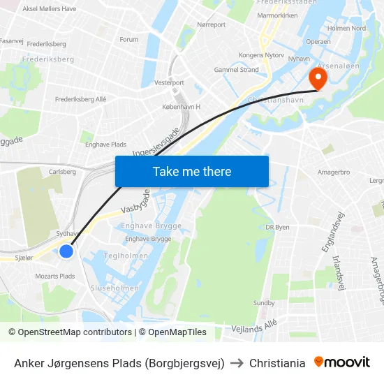 Anker Jørgensens Plads (Borgbjergsvej) to Christiania map