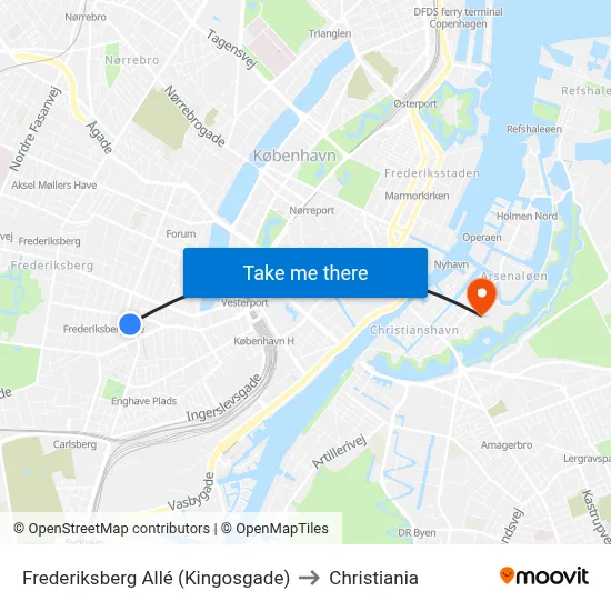Frederiksberg Allé (Kingosgade) to Christiania map