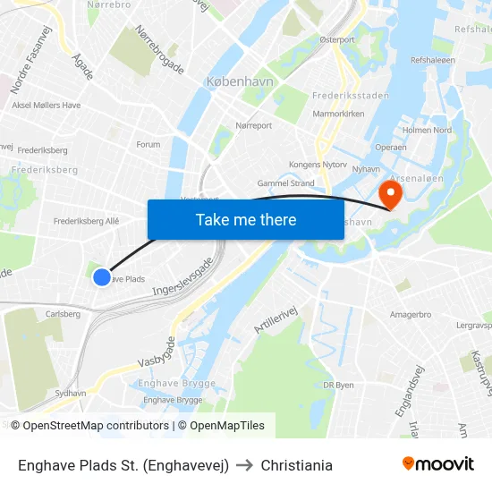 Enghave Plads St. (Enghavevej) to Christiania map