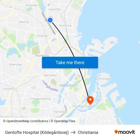 Gentofte Hospital (Kildegårdsvej) to Christiania map