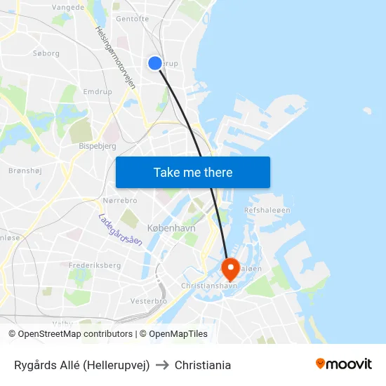 Rygårds Allé (Hellerupvej) to Christiania map