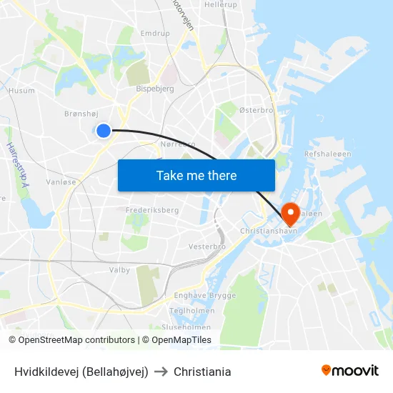 Hvidkildevej (Bellahøjvej) to Christiania map