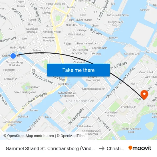 Gammel Strand St. Christiansborg (Vindebrogade) to Christiania map