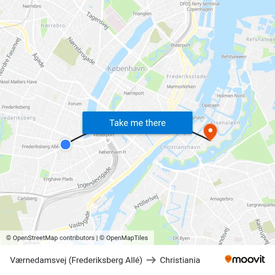 Værnedamsvej (Frederiksberg Allé) to Christiania map