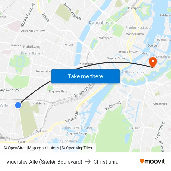 Vigerslev Allé (Sjælør Boulevard) to Christiania map