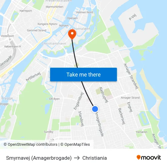 Smyrnavej (Amagerbrogade) to Christiania map