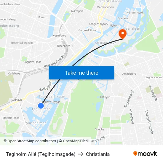 Teglholm Allé (Teglholmsgade) to Christiania map