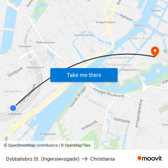 Dybbølsbro St. (Ingerslevsgade) to Christiania map