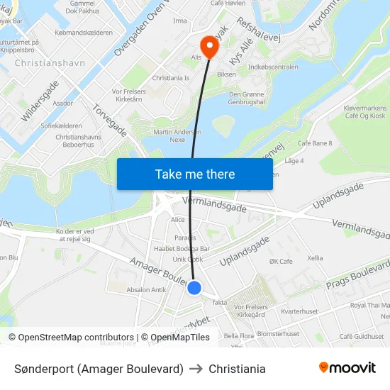 Sønderport (Amager Boulevard) to Christiania map