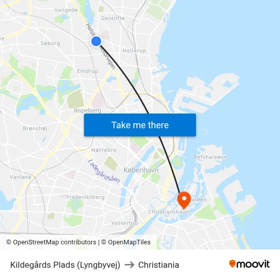 Kildegårds Plads (Lyngbyvej) to Christiania map