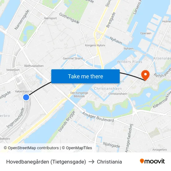 Hovedbanegården (Tietgensgade) to Christiania map