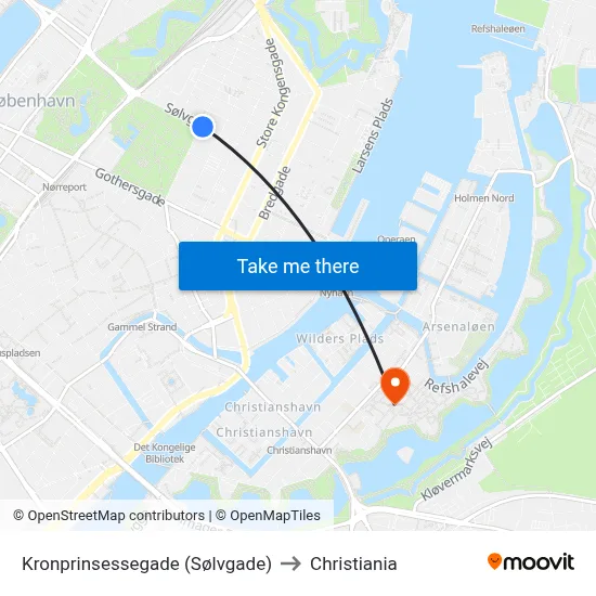 Kronprinsessegade (Sølvgade) to Christiania map