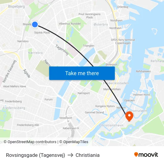 Rovsingsgade (Tagensvej) to Christiania map