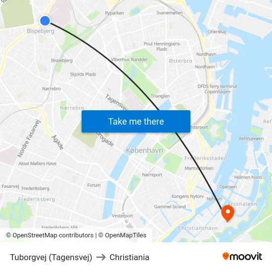 Tuborgvej (Tagensvej) to Christiania map