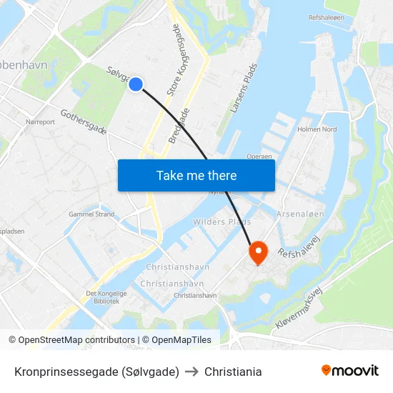 Kronprinsessegade (Sølvgade) to Christiania map