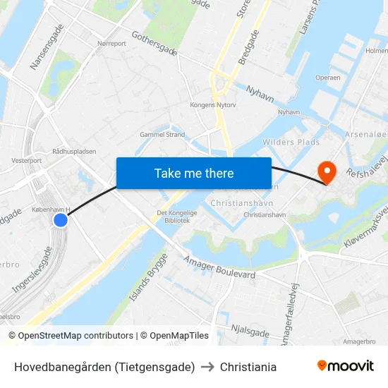 Hovedbanegården (Tietgensgade) to Christiania map